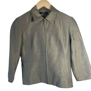 Tahari Petite Taupe Grey Woven Front‎ Zip Rayon/Linen Blend Jacket Sz 2P
